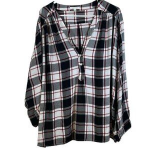 August Mist Plaid Button V-Neck Long Sleeve Blouse Tunic Shirt Size 3X EUC #4287